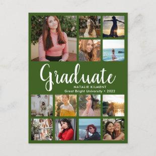 Graduate 14 Photo Collage Green & White Graduation Announcement Postcard