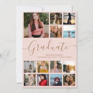 Graduate 14 Photo Collage Pink & Gold Graduation Invitation