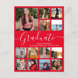Graduate 14 Photo Collage Red and White Graduation Announcement Postcard