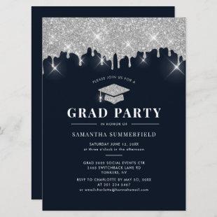 Graduate 2022 Navy Silver Glitter Graduation Party Invitation