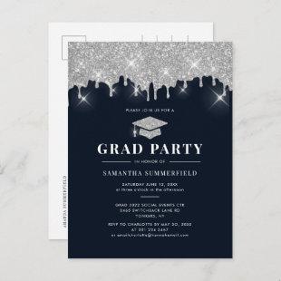 Graduate 2022 Navy Silver Glitter Graduation Party Invitation Postcard