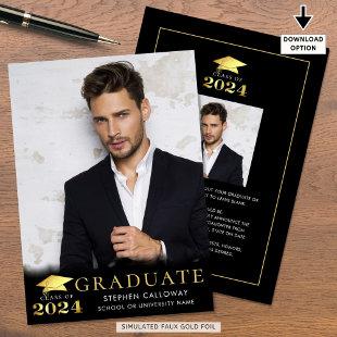 Graduate 2024 Black Faux Metallic Gold 2 Photos Announcement