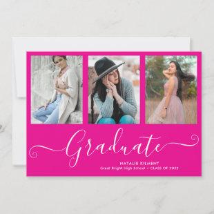 Graduate 3 Photo Collage Hot Pink Graduation Announcement