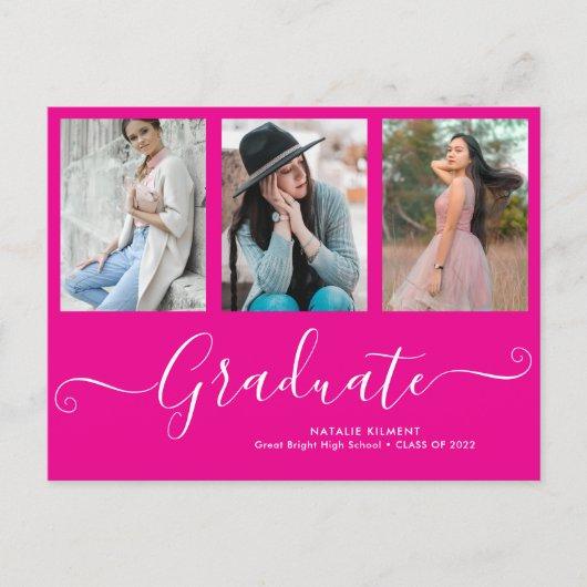 Graduate 3 Photo Collage Hot Pink Graduation Announcement Postcard