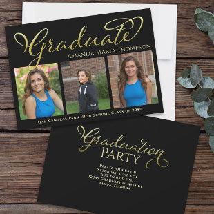 Graduate Black and Gold Photo Collage Simple Invitation