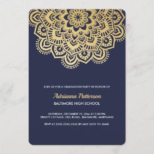 Graduate | Bohemian Gold Mandala Pattern Blue Invitation