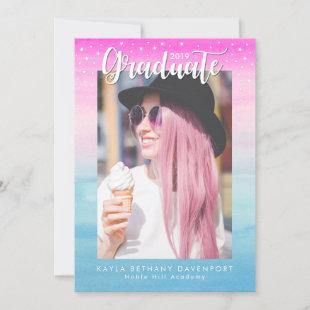 Graduate Calligraphy Pink Blue Ombre Announcement