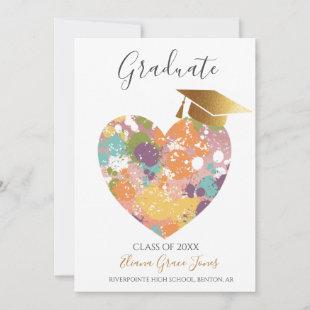 Graduate cap tassel heart gold teal pink yellow invitation