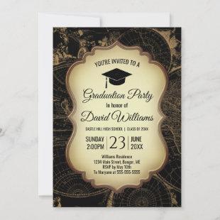 Graduate Cap Vintage World Map Graduation Party Invitation