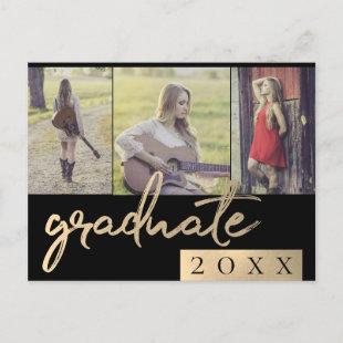 Graduate Collage | Gold Script 3 Photo Keepsake Invitation Postcard