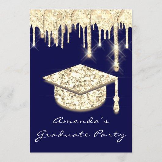 Graduate Drips Gold Cap Glitter Glam Blue Navy Invitation