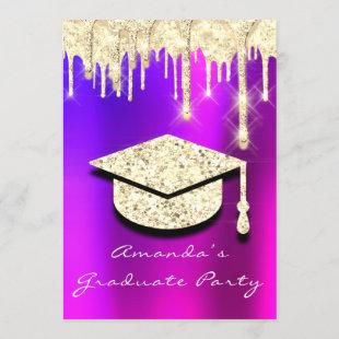 Graduate Drips Gold Cap Glitter Glam Holographic Invitation