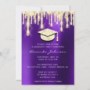 Graduate Drips Gold Cap Glitter Glam Purple 3D Invitation