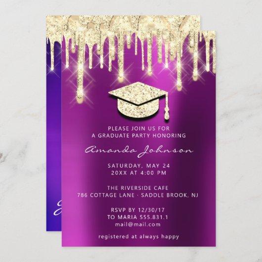 Graduate Drips Gold Cap Glitter Glam Purple Pink Invitation