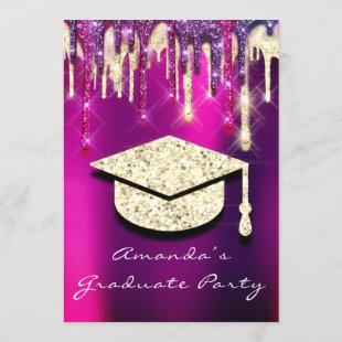 Graduate Drips Gold Cap Glitter Holograph PINK 3D Invitation