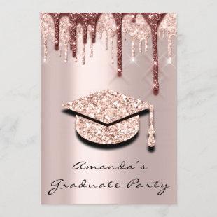 Graduate Drips Rose Gold Cap 3D Brown Glam Party Invitation