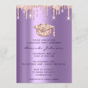 Graduate Drips Rose Gold Cap 3D Glam Purple Violet Invitation