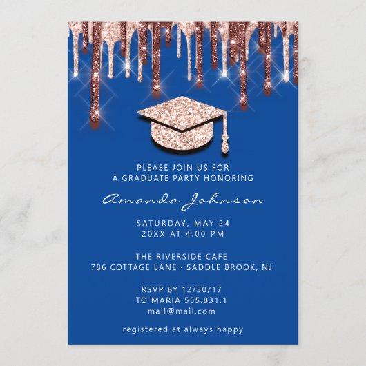 Graduate Drips Rose Gold Cap 3D Glam Royal Blue Invitation