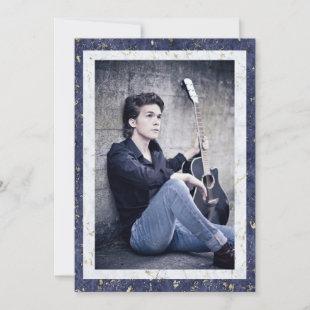 Graduate Elegant Blue White Marble With Photo Announcement