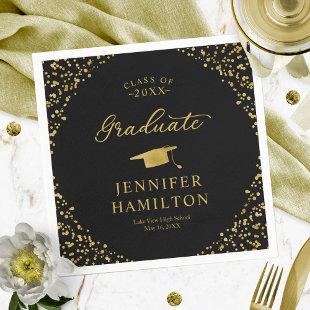 Graduate Elegant Gold Confetti On Black Graduation Napkins