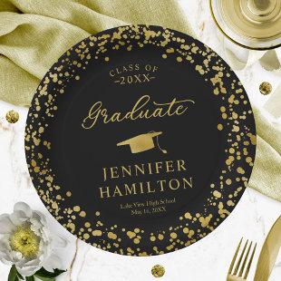 Graduate Elegant Gold Confetti On Black Graduation Paper Plates