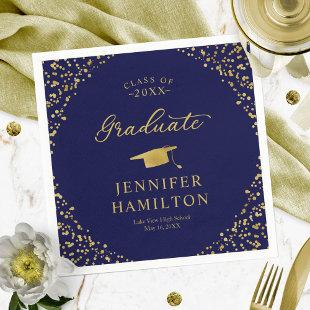 Graduate Elegant Gold Confetti On Blue Graduation Napkins