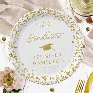 Graduate Elegant Gold Confetti On White Graduation Paper Plates