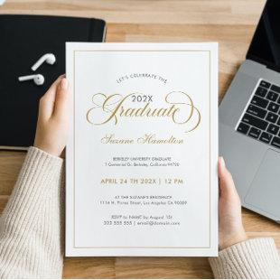Graduate Elegant Gold White Gray Script Typography Invitation