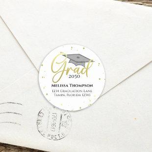 Graduate Gold Grad Calligraphy Return Address Classic Round Sticker
