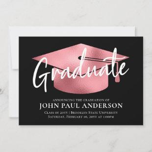 Graduate Metallic Black Blush Pink Cap Graduation Announcement