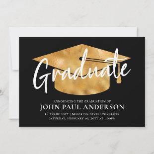 Graduate Metallic Gold Grad Cap Black Graduation Announcement