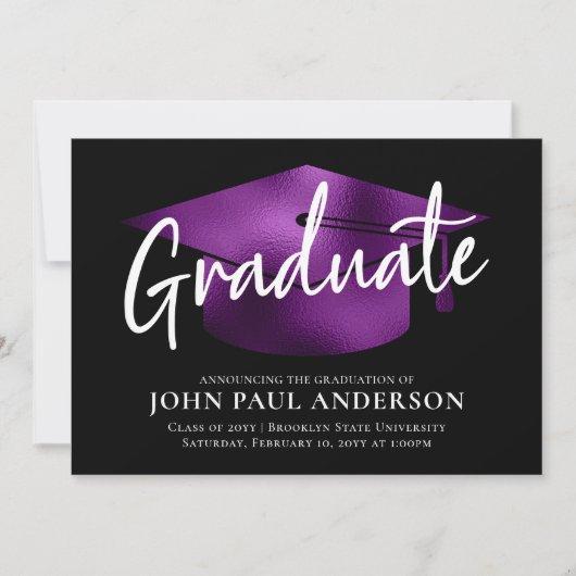 Graduate Metallic Purple Grad Cap Black Graduation Announcement