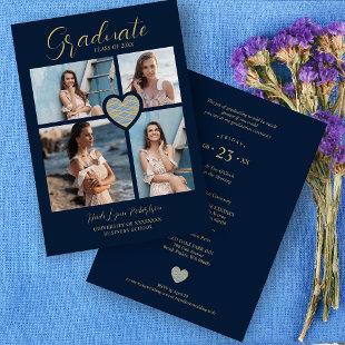 Graduate Navy Blue Trendy Heart Collage 4 Photos Invitation