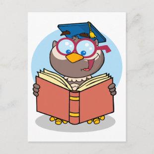 graduate owl reading a book cartoon announcement postcard