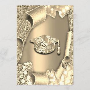 Graduate Party CAP Glitter Gold  3D Modern Sparkle Invitation