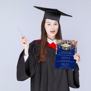Graduate Party Drips Glitter Blue Gold Confetti  Invitation