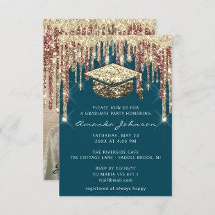 Graduate Party Drips Glitter Photo Teal Gold  Invitation