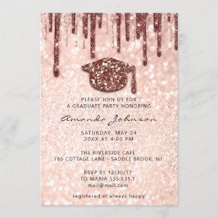 Graduate Party  Drips Rose Gold Cap 3D Glitter Invitation