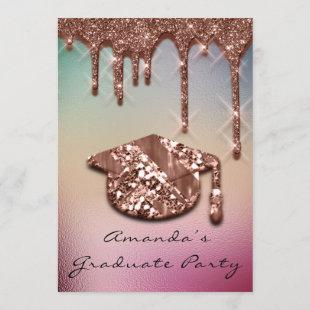 Graduate Party Drips Rose Gold Cap 3D Holographic Invitation