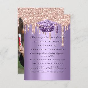 Graduate Party Glitter Drips Purple Rose Photo Invitation