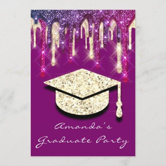 Graduate Party Gold Cap Glitter Drip BERRY PINK 3D Invitation