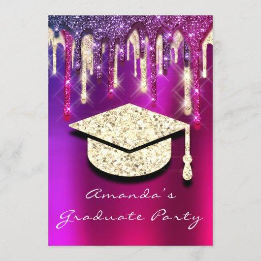 Graduate Party Gold Cap Glitter Holograph PINK 3D Invitation