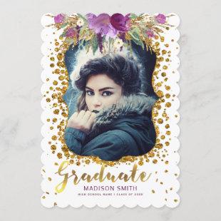 Graduate Photo Floral Faux Gold Glitter Confetti Announcement