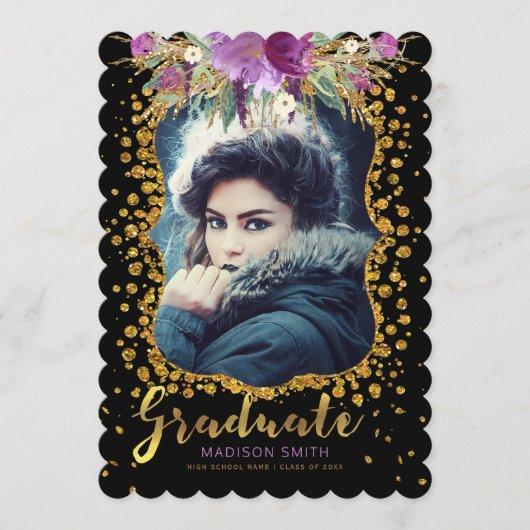 Graduate Photo Floral Faux Gold Glitter Confetti Announcement