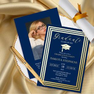 Graduate Photo Geometric Blue Graduation Party Foil Invitation