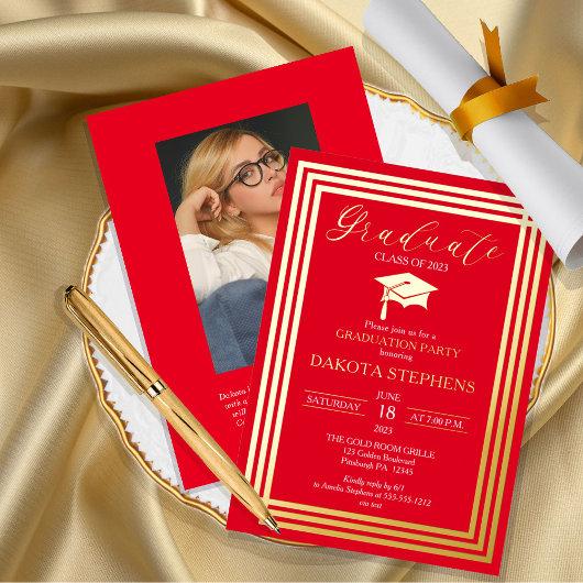 Graduate Photo Geometric Red Graduation Party Foil Invitation