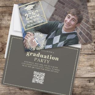 Graduate Photo Modern Gold Cool Grad Stamp QR Code Invitation
