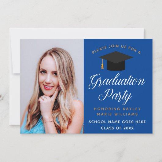 Graduate Photo Royal Blue Gold Graduation Party Invitation