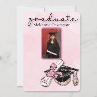 Graduate Pink Gold Glitter Cap Diploma Add Photo Invitation