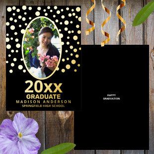 Graduate Polka Dot Oval Photo Black And Gold Foil Invitation